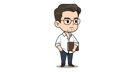 A cute cartoon illustration of a serious young man with glasses holding a book under his arm.