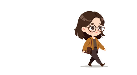 Cartoon illustration of a young woman with glasses walking, wearing a brown jacket and carrying a bag.