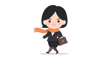 A cheerful businesswoman strides confidently, briefcase in hand, wearing a stylish orange scarf.