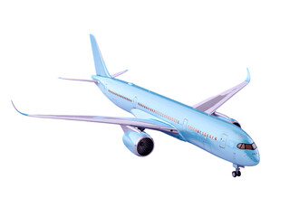 Obraz premium Light blue passenger airplane isolated on a black background in aerial view