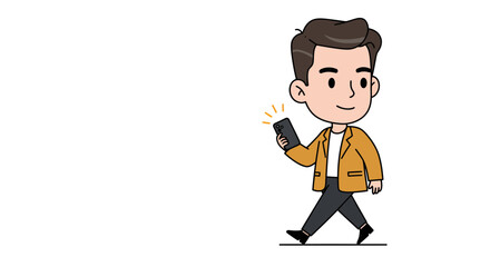 Cartoon man walking and looking at a glowing smartphone, isolated on white background.