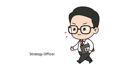 Cartoon illustration of a determined strategy officer walking with a folder, showcasing a confident and professional demeanor.