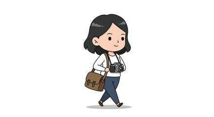 Cartoon illustration of a young woman walking with a camera around her neck and a satchel bag over her shoulder.