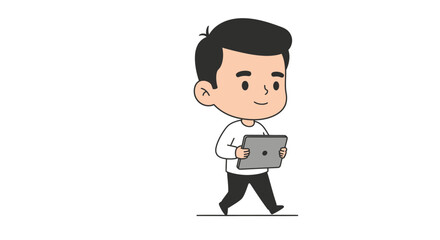 A cute cartoon boy with black hair walks while holding a silver tablet computer.