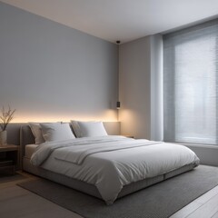 Fototapeta premium Modern bedroom interior design with neutral color palette.