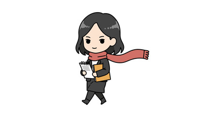 A stylized cartoon depicts a woman in a suit and scarf walking purposefully while holding a clipboard and a folder, suggesting a professional on the move.