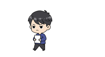 A chibi anime boy with black hair and a serious expression walks while holding a white paper.