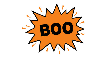 Orange starburst with black 'Boo' text is centered on a transparent background, creating a spooky yet fun mood and suitable for Halloween themed designs and seasonal promotions.