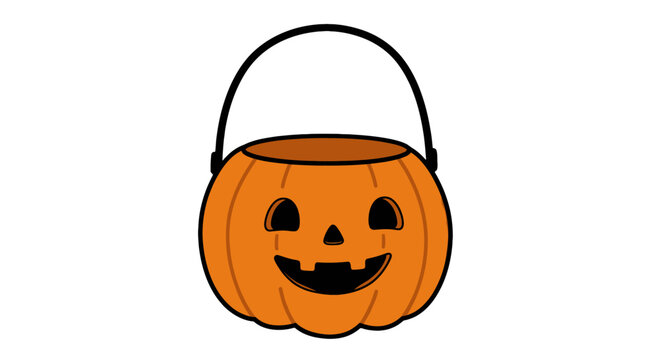 Orange pumpkin bucket with a handle is smiling with black facial features, isolated on a transparent background, creating a whimsical illustration perfect for seasonal holiday promotions.