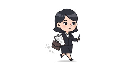 A cute cartoon businesswoman in a suit walks confidently with a briefcase and documents.