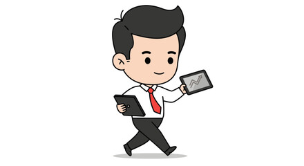 A stylized cartoon businessman confidently walks while holding two tablets, one displaying a financial graph.