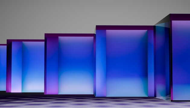 Abstract render of blue and purple geometric cubes with reflections