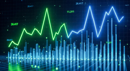 Digital financial bar charts and intersecting line graphs in green and blue on a dark background representing market fluctuations and data analysis