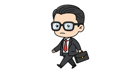 A cute chibi cartoon businessman in a suit and glasses walking with a briefcase.