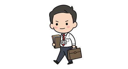 An illustration of a determined cartoon businessman walking while carrying a briefcase and files.