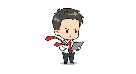 Cartoon businessman with a serious expression holding a digital tablet, looking concerned.