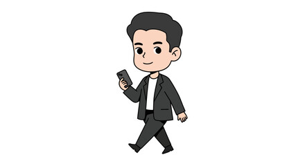 Cartoon illustration of a man in a suit walking and looking at his mobile phone.