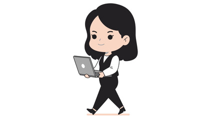 Cartoon businesswoman character walking and using a laptop.