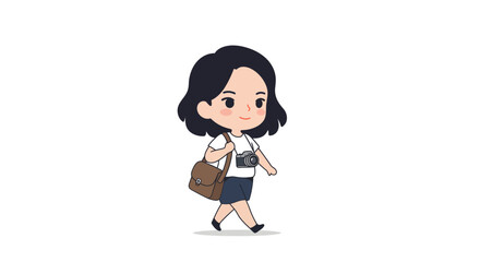 Cute cartoon girl with a camera and backpack, walking.