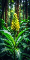 Fototapeta premium Exotic green plant blooms unusual flower in dark humid forest environment