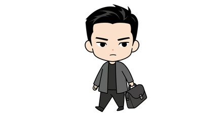 A charming chibi cartoon man with a serious expression walking purposefully while holding a black briefcase.