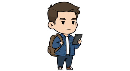 Cartoon illustration of a young man holding a phone and wearing a backpack.