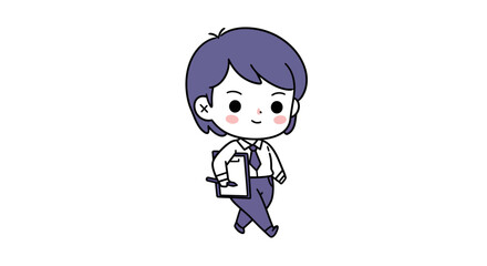 Cartoon character of a professional person walking and holding a clipboard, smiling.