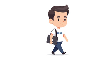 A cute cartoon illustration of a young man in a t-shirt walking while carrying a laptop.