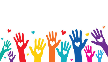 Raising hands with heart shape , support, donation and volunteers work concept 

