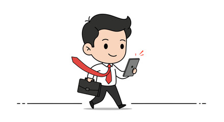 Cartoon businessman walking, looking at a tablet, carrying a briefcase, and wearing a red tie.