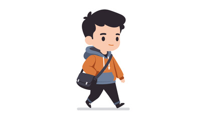 A cute cartoon boy in an orange jacket and hoodie walks with a messenger bag.