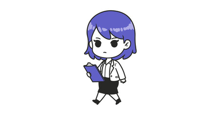 A stylized cartoon woman with short purple hair, wearing a white blouse and black skirt, walks purposefully while holding a blue clipboard.