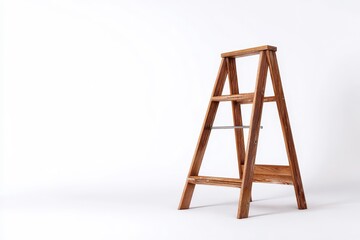 Wooden ladder stands tall, three steps, on a clean white background, studio shot