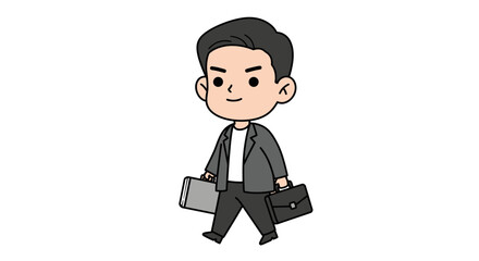 A stylized cartoon businessman confidently walks, carrying two briefcases.