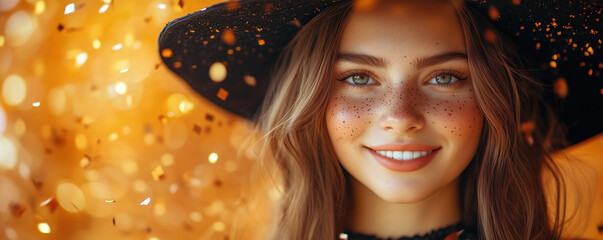 Fototapeta premium Young beautiful woman in witch costume having fun at Halloween party. Girl wearing black dress and pointed witch hat smiles on orange background with falling confetti. Festive banner with copy space
