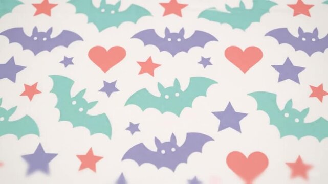 Cute repeating Halloween pattern with pastel bats, stars, and hearts
