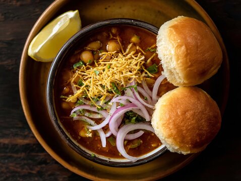 Top view of misal pav spicy gravy farsan topping onions and lemon wedge Maharashtrian street food vibrant shot
