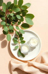 Minimal skincare product scene with white ceramic plate, small glass jar with cream, eucalyptus leaves and natural fabric on a beige background, soft shadows