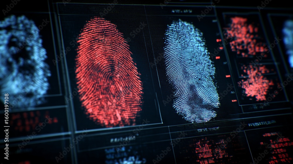 Poster exploring biometric technologies with eye scans and fingerprint recognition in a digital interface