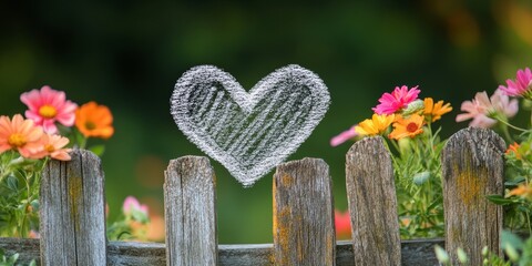 Heart drawn in chalk on a wooden fence next to a garden. The heart is surrounded by flowers, which adds a sense of warmth and love to the scene