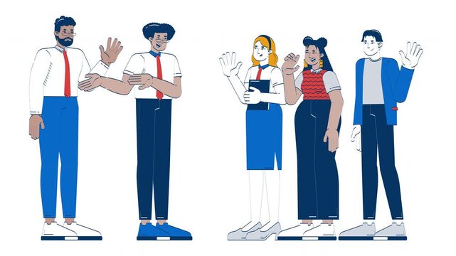 Diverse team greeting new employee doodle cartoon animation. Manager introducing. Office colleagues welcoming newbie animated 2D characters isolated on white background. 4K video motion graphic