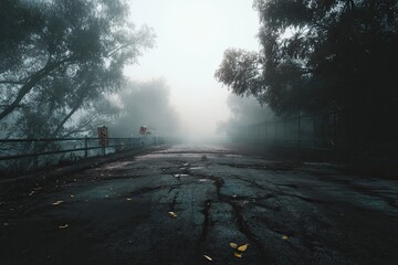 Foggy, abandoned road through a misty forest