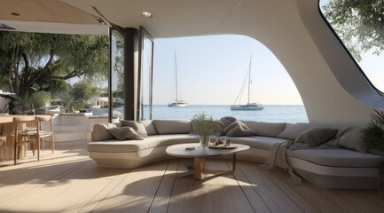 Fototapeta premium Coastal living room with panoramic ocean views.