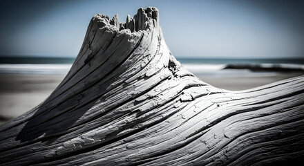 Weathered driftwood log on a beach with ocean and sky in background showcasing wood grain texture
