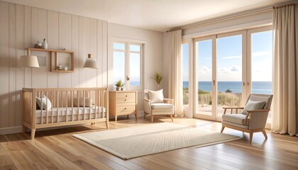 Nursery Room Interior with Crib and Ocean View