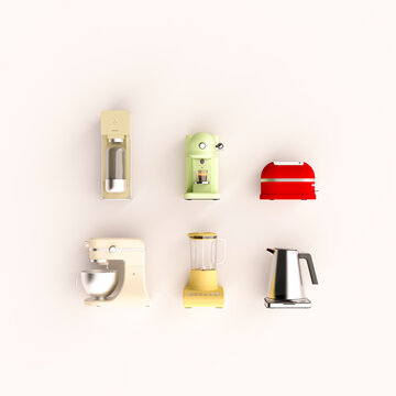 3D render of kitchen appliances in order on minimal background