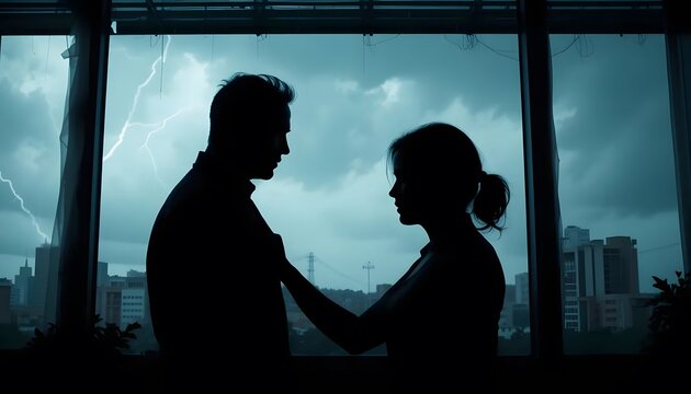 Silhouette couple looking at each other during storm with lightning in the background - Powered by Adobe