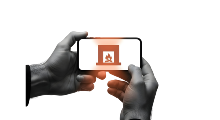 Hands Holding Smartphone Displaying Fireplace Icon, Smart Home Technology Concept Image