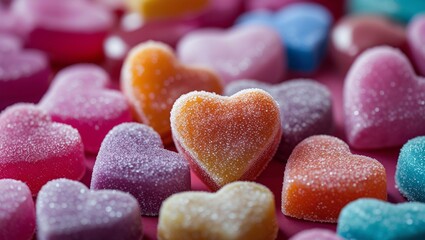 Colorful, isolated heart-shaped candies and jelly beans create a sweet and vibrant dessert snack