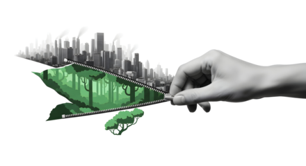 Eco-Transition: Hand Unzipping City to Reveal Forest for a Sustainable Future and Green Growth.